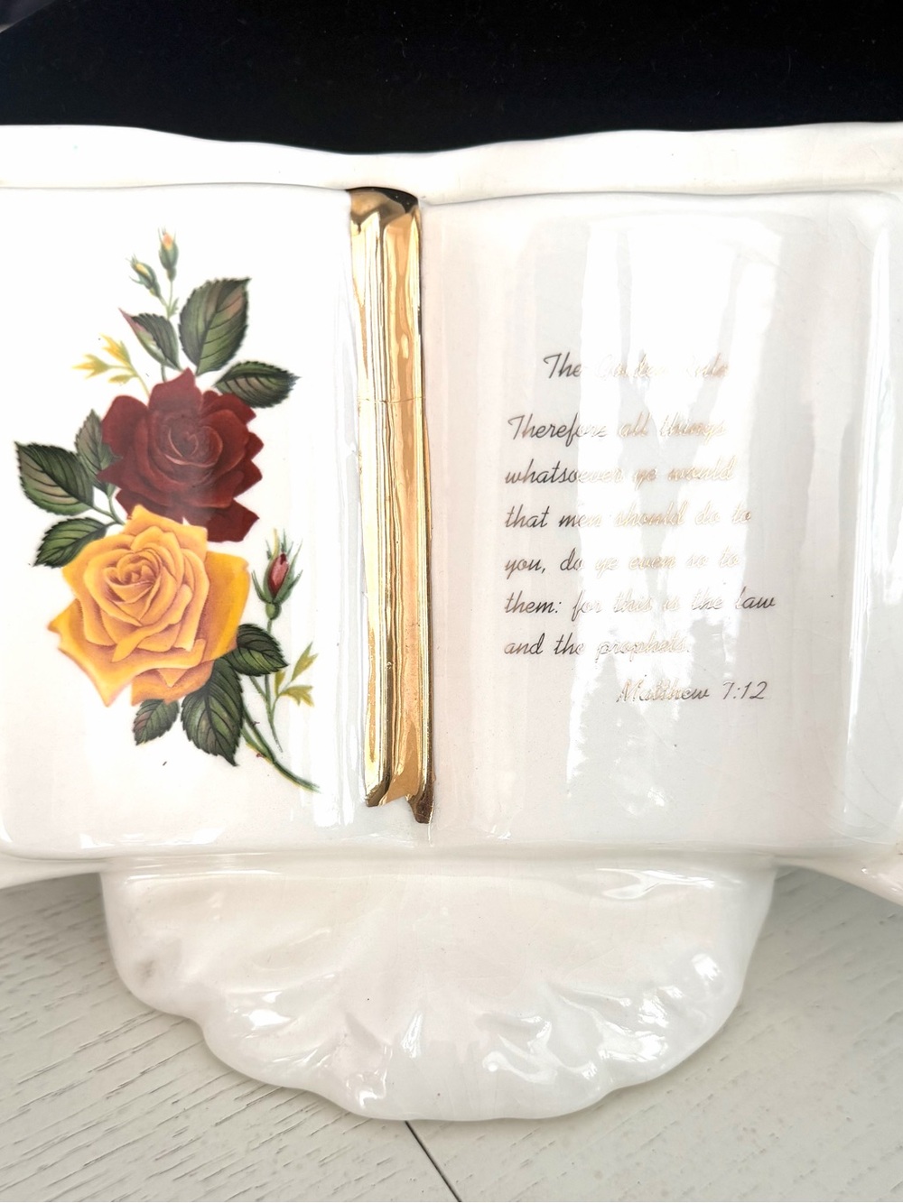 Vintage Book-Shaped Matthew 7:12 Verse With Yellow & Red Roses. Gold Accents.